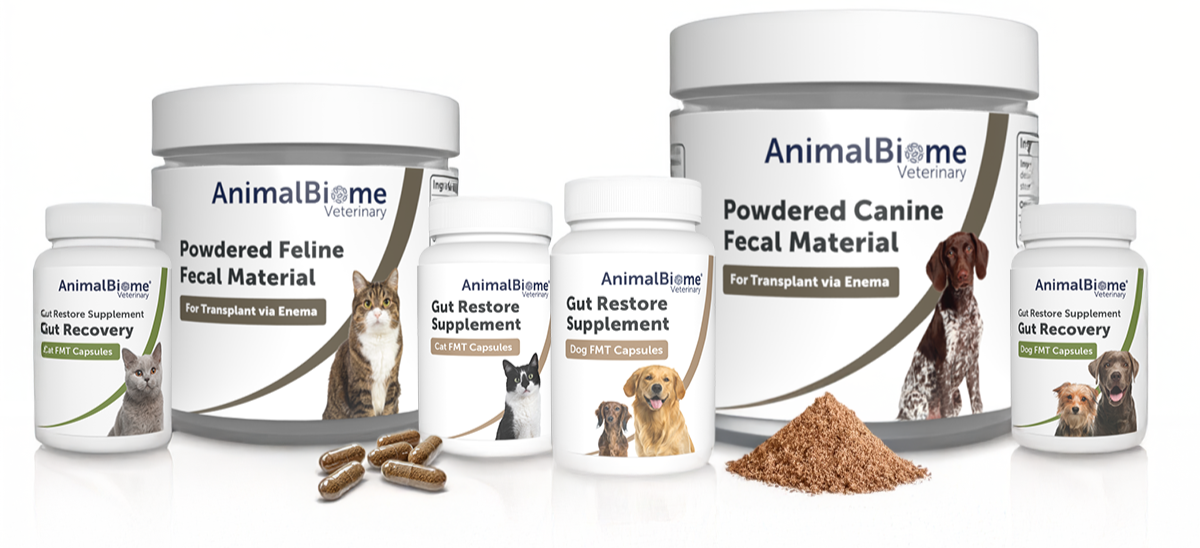 AnimalBiome Veterinary FMT Products featuring Gut Recovery, Powdered Fecal Material, and Gut Restore Supplement